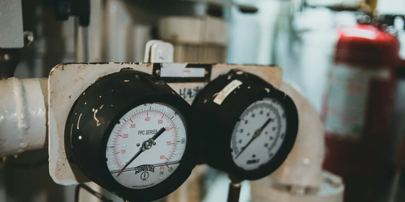 Pressure gauges mounted on plant pipework
