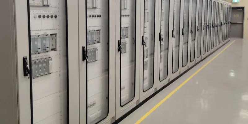 Row of protection and control panels in a clean substation control room
