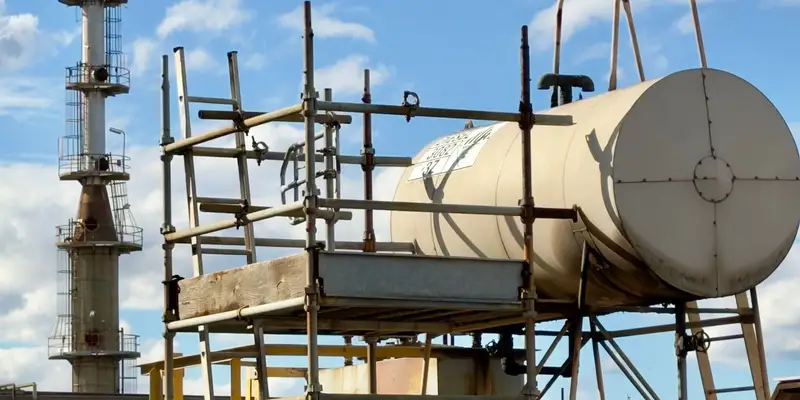 Scaffolding erected around a plant vessel during shutdown works