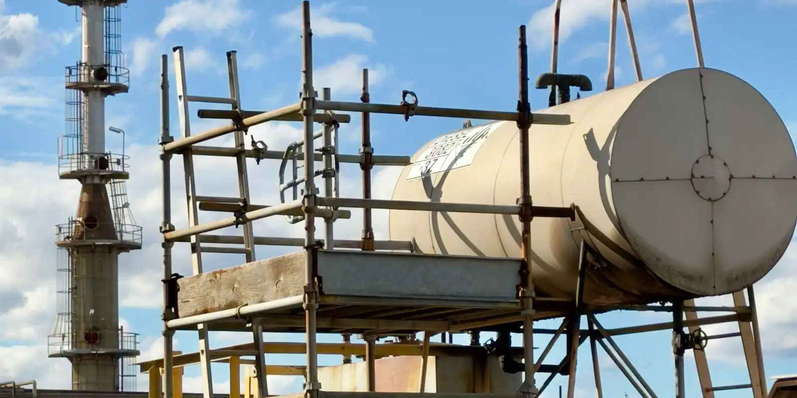 Scaffolding erected around a plant vessel during shutdown works