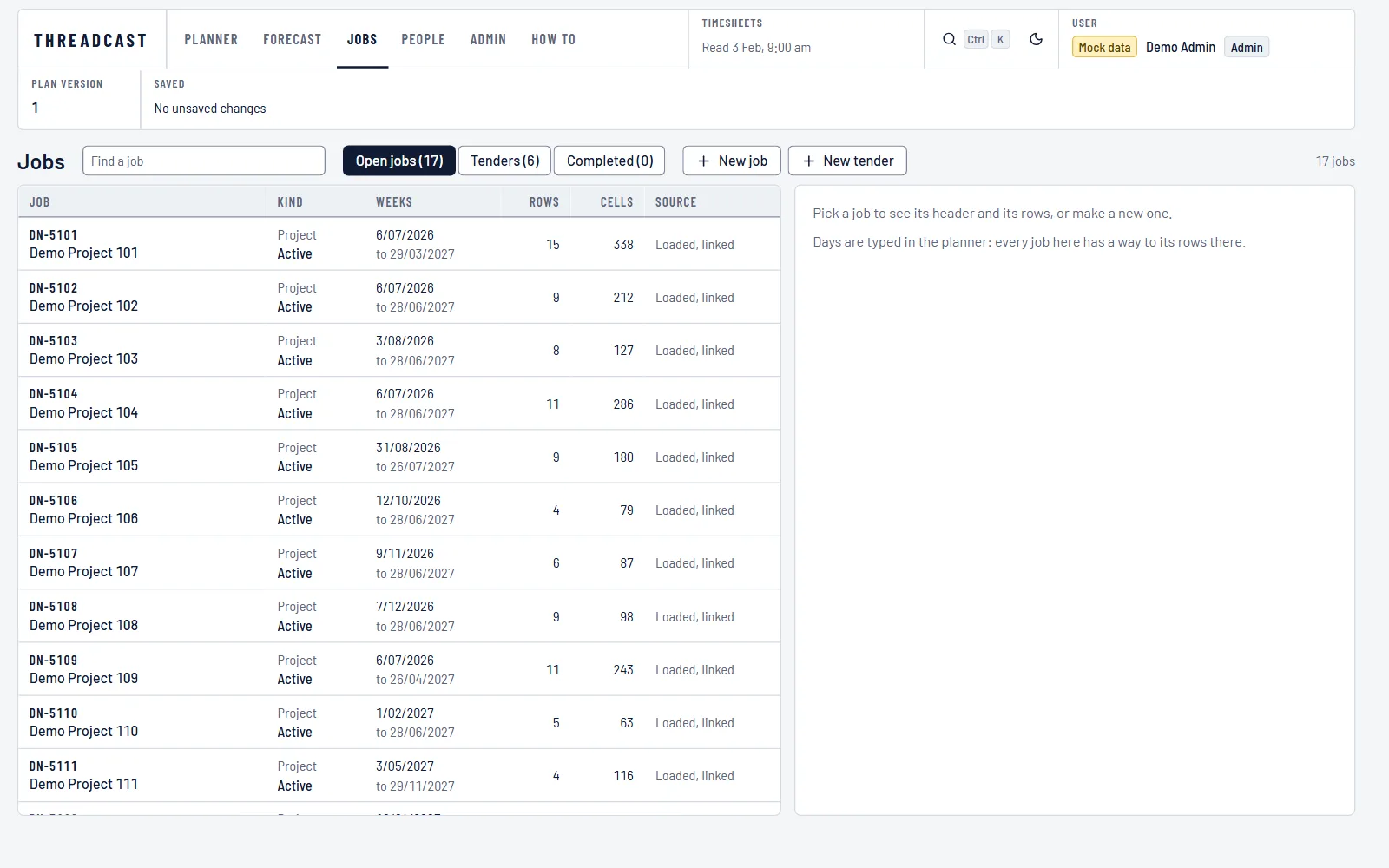 The ThreadCast jobs screen: the open jobs with their kind, weeks, rows, cells and where each was loaded from